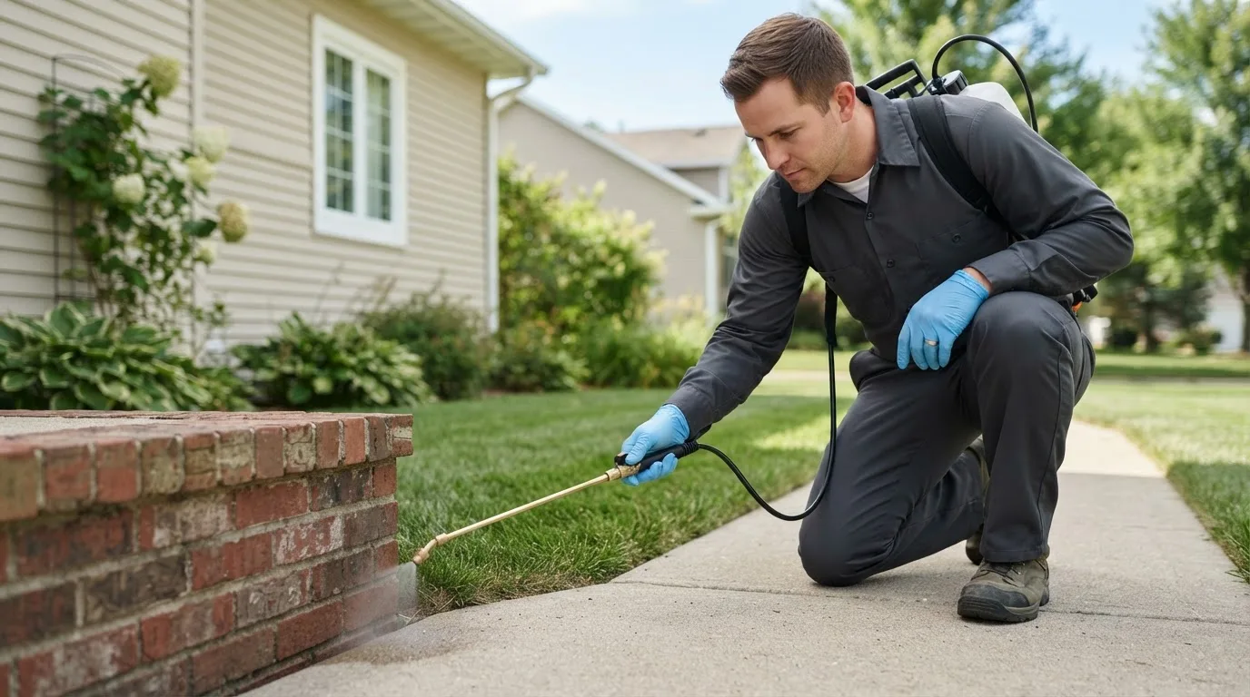 Pest control technician treating a home near Bazine, KS